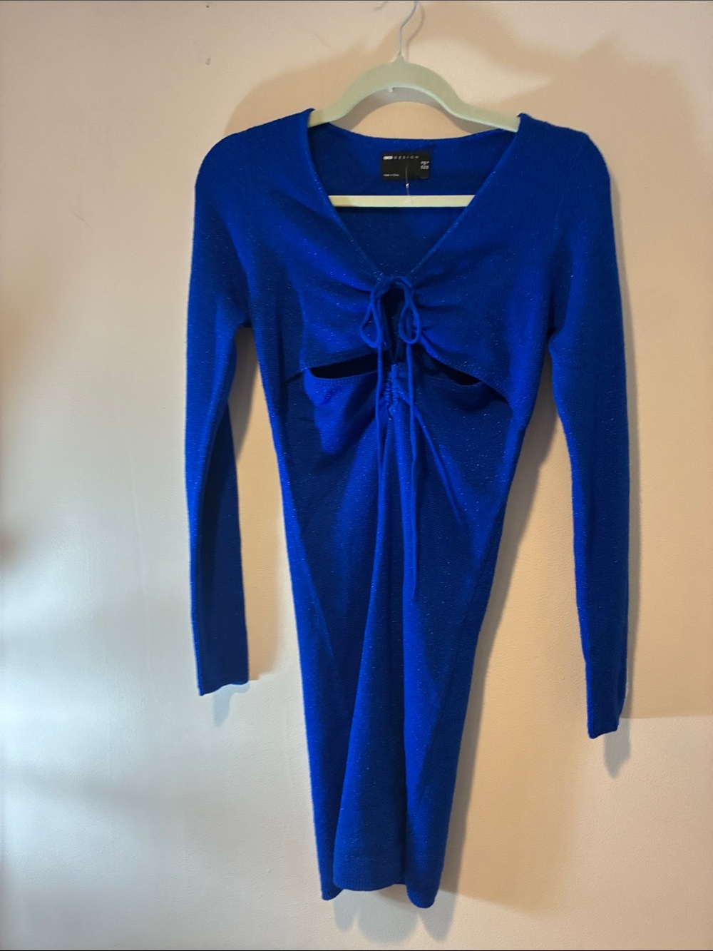 NWT ASOS Glittering Royal Blue Long Sleeve Tie-Front Knit Dress S Lightweight